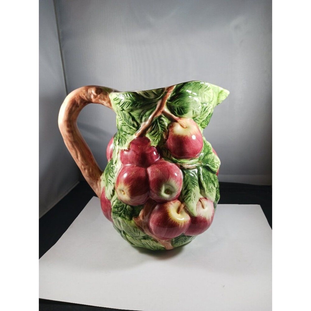 Vintage World Bazaar Majolica Pitcher 3D Apple Design Ceramic Pottery 8'' Tall